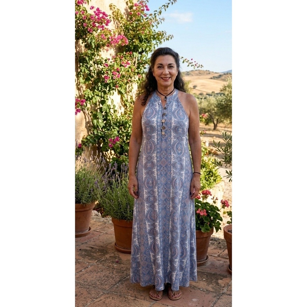 Blue Paisley Halter Dress  Sleeveless Maxi  Rayon M Handmade Hippie Bohemian